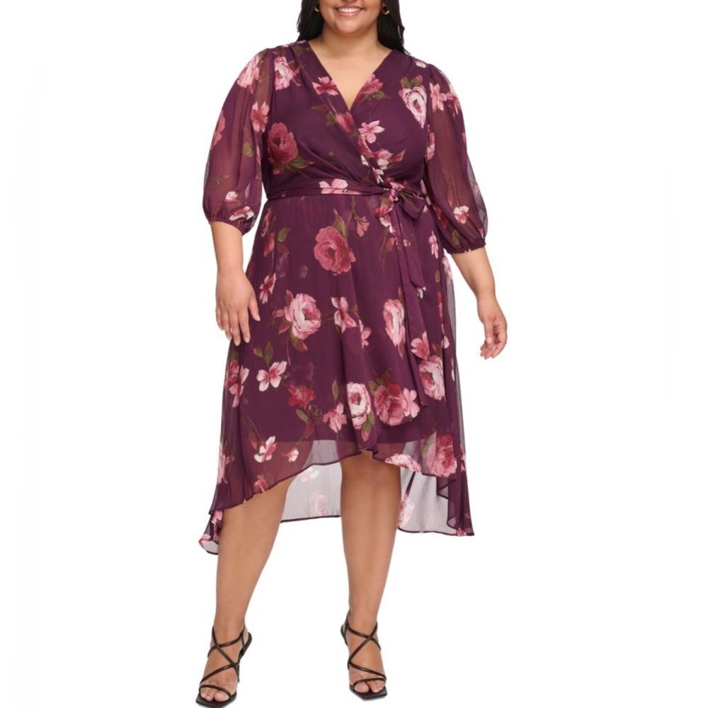NWOT DKNY Plum Floral Faux Wrap Belted Dress Plus Size 22W